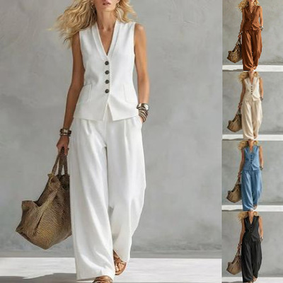 纽扣无袖马甲长裤套装 Buttonless sleeveless vest pants set
