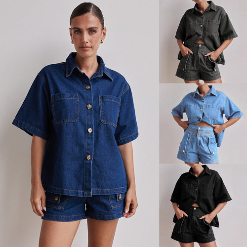 翻领衬衫宽松牛仔短裤套装Collar shirt loose denim shorts set