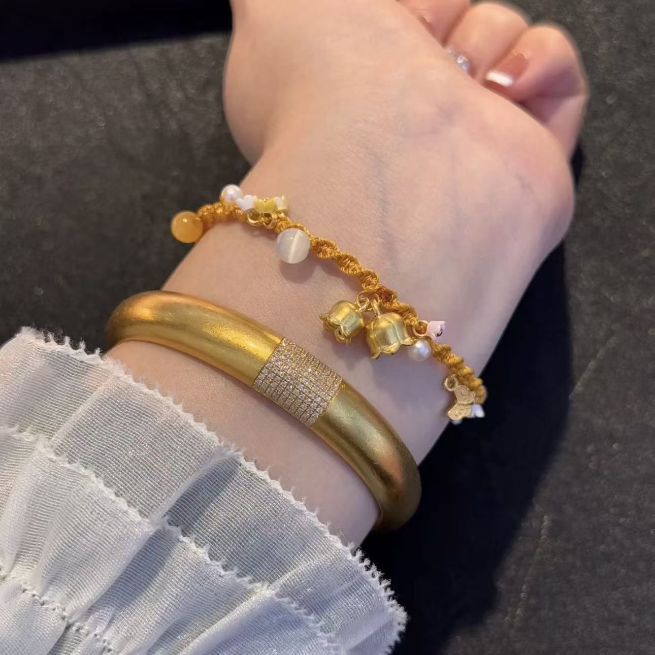 足金999铃兰花吊坠手链黄金编织手绳小花送女友闺蜜生日礼物