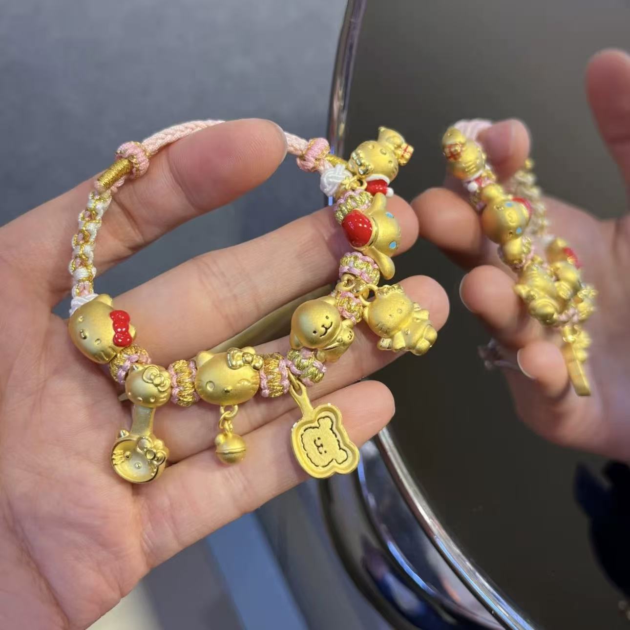 足金999铃铛kitty猫勺黄金线条小狗玉桂狗潘多拉手链女