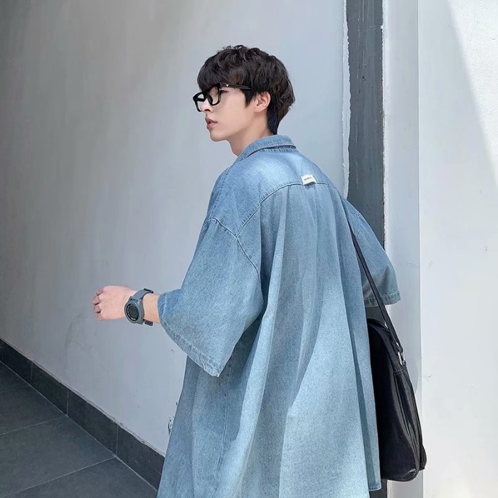 Denim shirt summer thin Korean fashion short sleeve shirt Hong Kong Style versatile loose medium sleeve coat