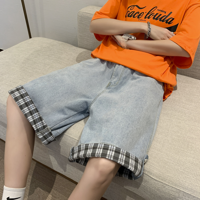 Plaid flanging thin loose casual Capris summer light denim shorts men's fashion brand