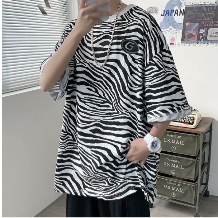 Summer fashion brand in trend loose zebra pattern short sleeve T-shirt Hong Kong style personality handsome 5-sleeve