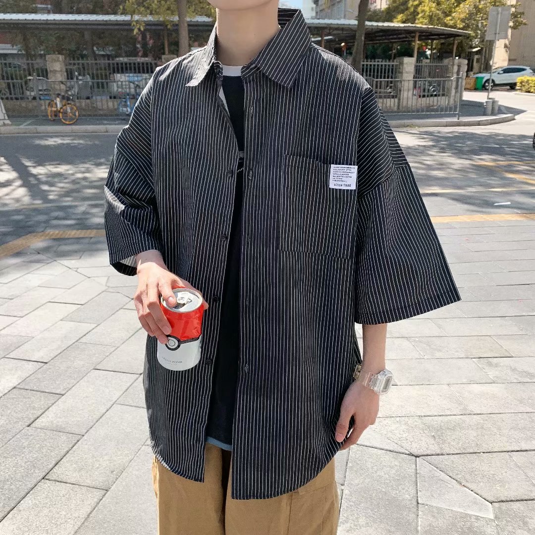 Harajuku printed shirt men's short sleeve loose Japanese fashion 7 / 4 sleeve casual half sleeve shirt