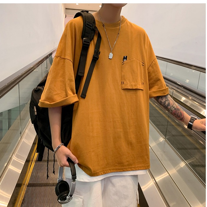 Patch bag Korean fashion brand short sleeve t-shirt men's summer Korean couple half sleeve trend 5-sleeve