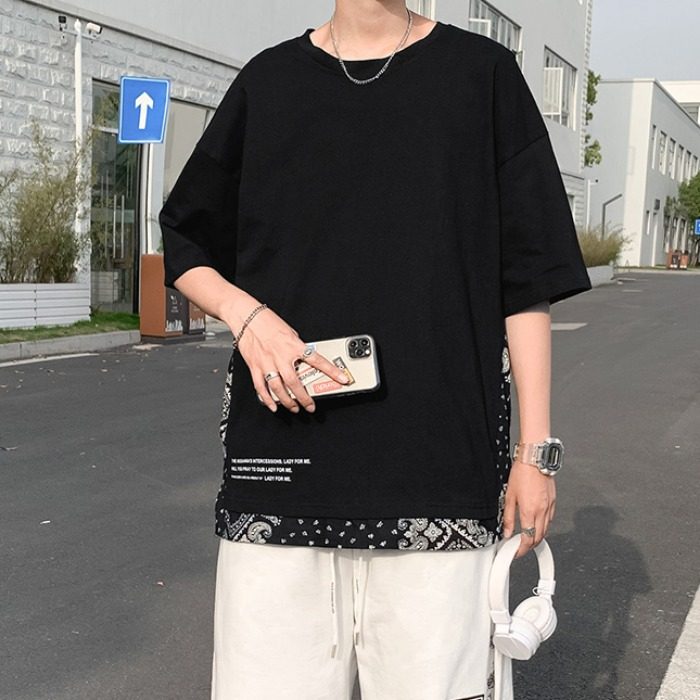 Short sleeve T-shirt with cashew flowers for men's trendy high street couple