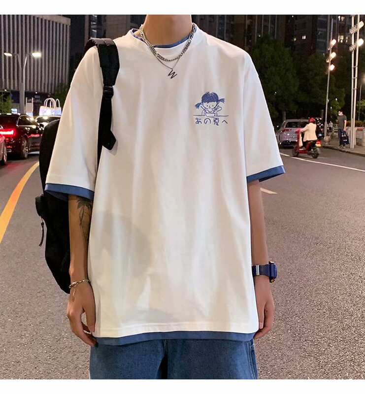 Fake two-piece short sleeve t-shirt men's fashion brand summer simple versatile style loose trend T-shirt