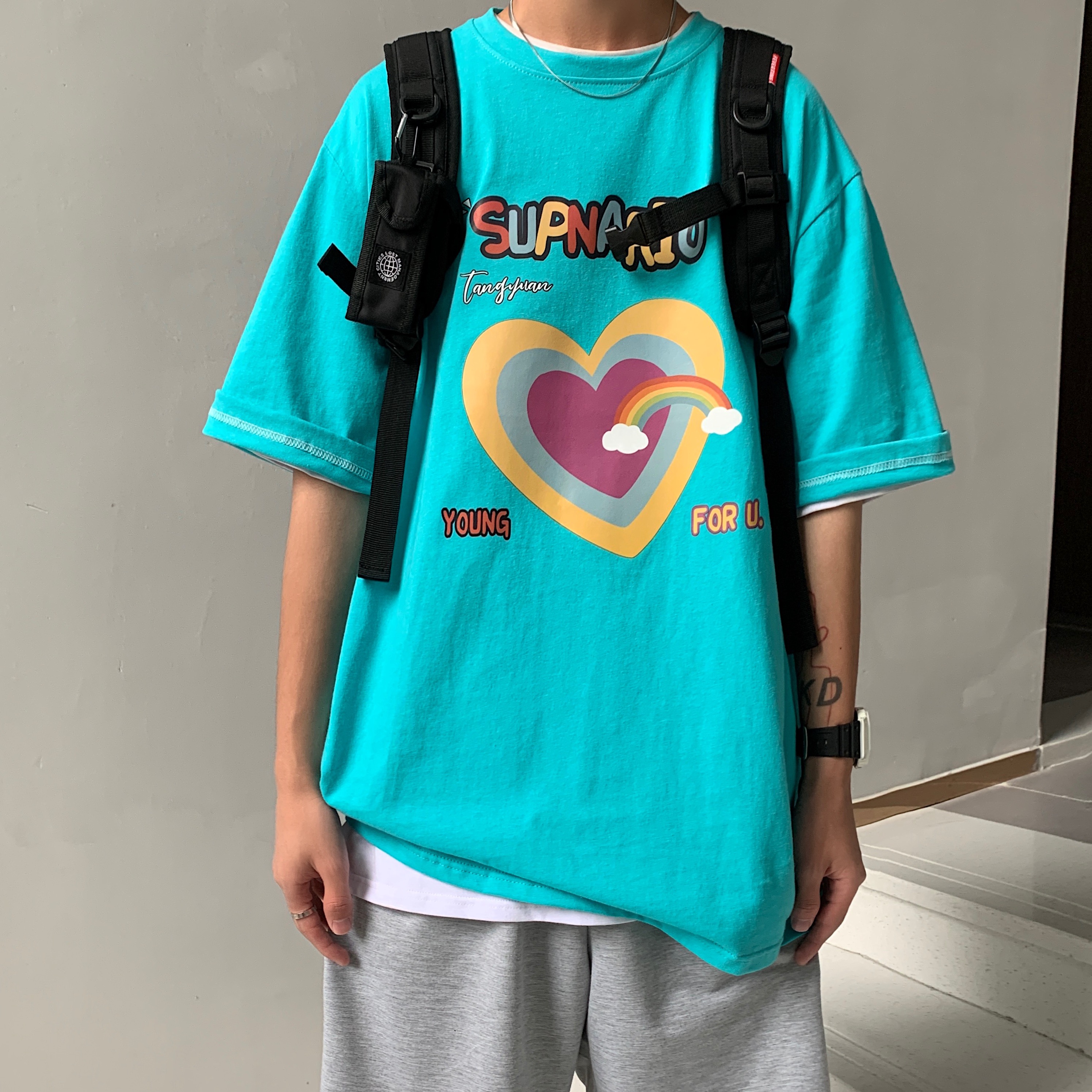 韓版愛心彩虹印花短袖恤夏季港風寬鬆潮流百搭五分袖