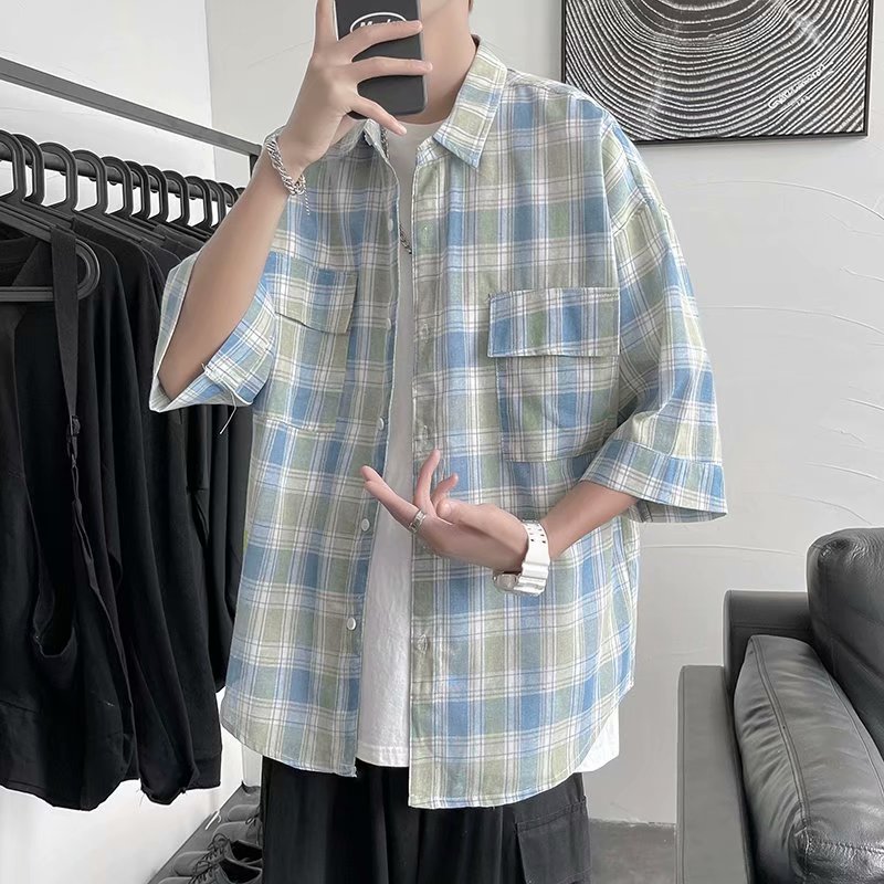 港風格子短袖襯衫男韓版潮流夏季簡約寬鬆半袖襯衣