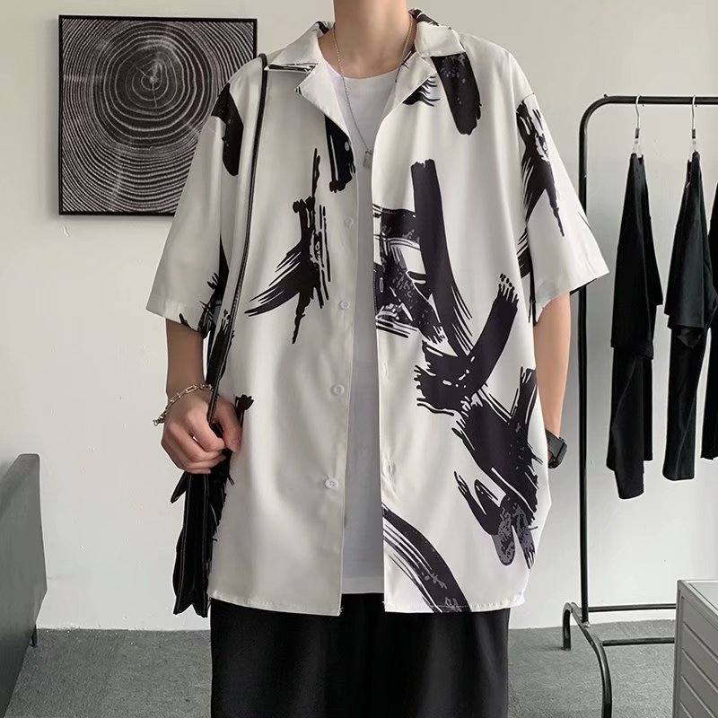 Hawaiian harbor style Japanese ice silk shirt men's short sleeve loose ruffian handsome shirt trend coat men