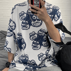 Harajuku fashion fashion BF style fun full print frog frog print T-shirt for men and women