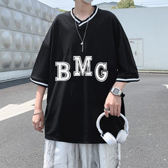 疊領棒球服運動寬鬆百搭五分袖夏季港風潮流落肩短袖