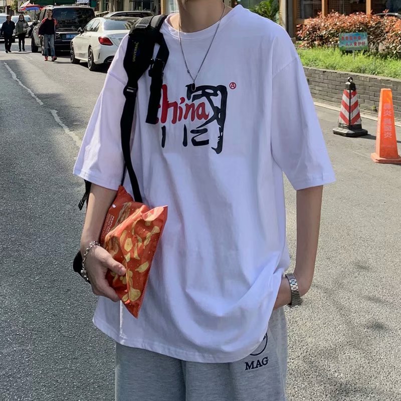 夏季新款短袖恤男潮牌寬鬆半袖圓領上衣印花學生體恤