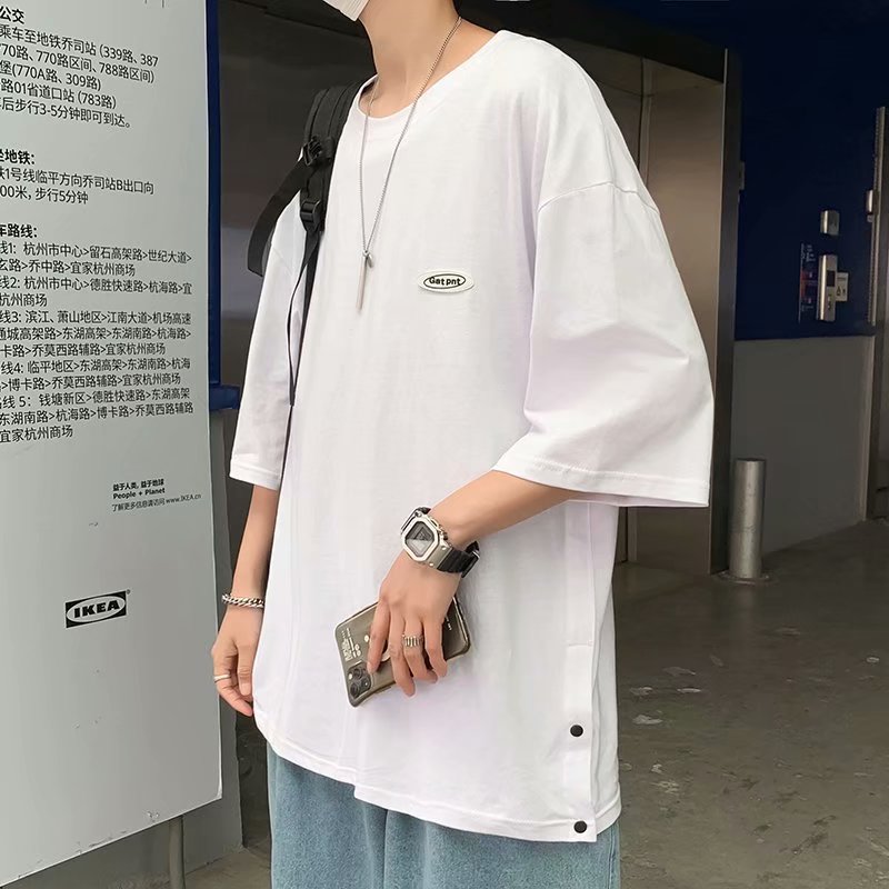 新款美式復古恤情侶裝夏季排扣設計半袖純色上衣