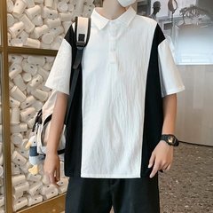 Lapel Polo Black and white stitching short sleeve T-shirt Korean fashion loose summer half sleeve T-shirt