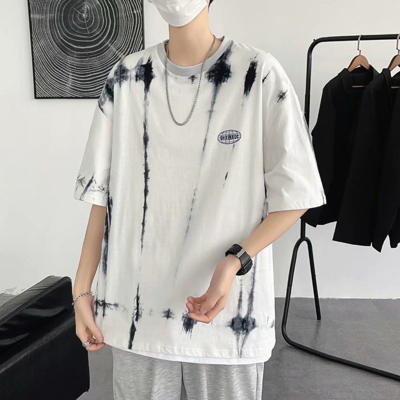 Hong Kong Style ins tie dyed short sleeve T-shirt summer hip hop loose Quarter Sleeve men's fashion brand versatile half sleeve