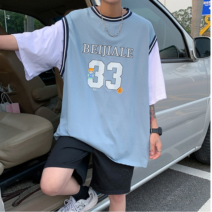 Hong Kong Style fake two pieces short sleeve summer trend loose contrast color T-shirt casual handsome half sleeve