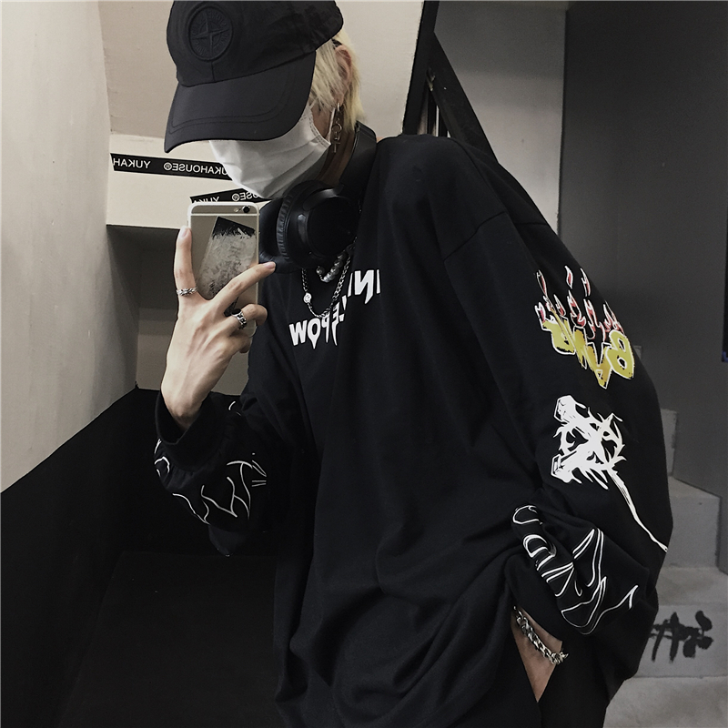 Ins Harajuku dark sleeve flame butterfly letter print loose long sleeve T-shirt for men and women