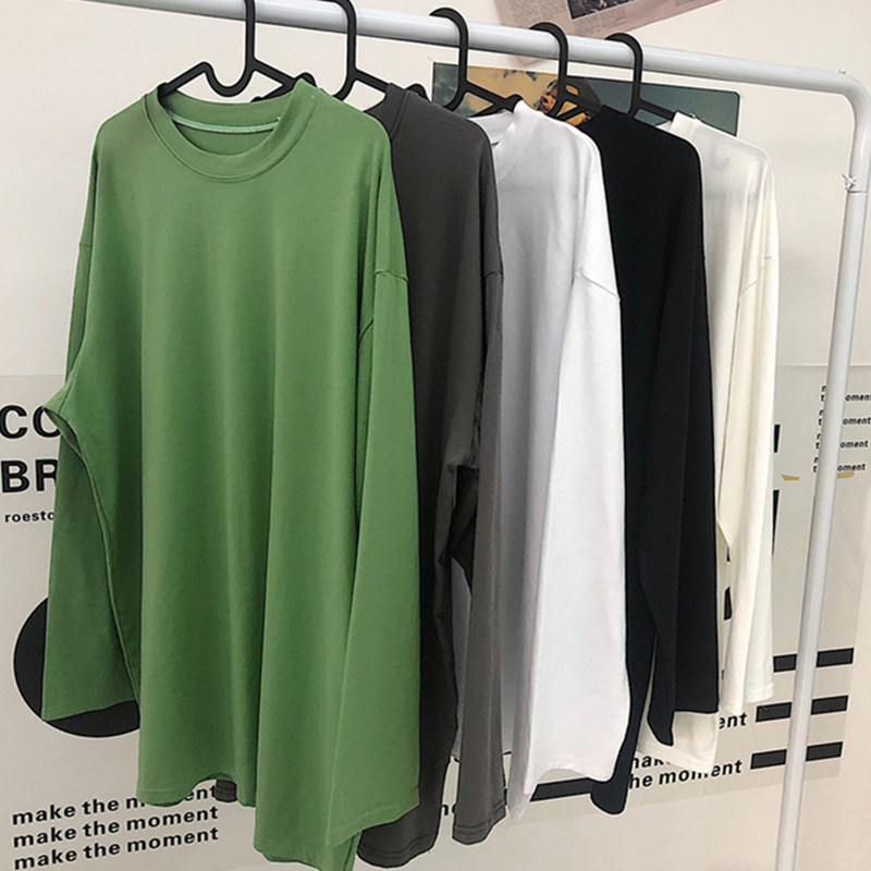 Yuansu solid color round neck loose base sleeve long sleeve T-shirt couple