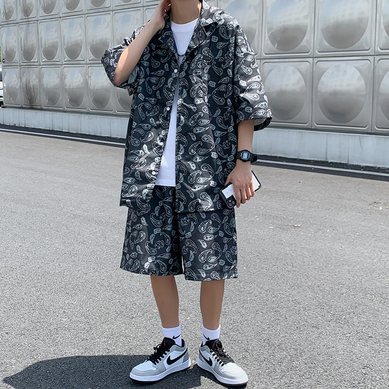 港風滿印腰果花襯衫2021夏褲子兩件套裝 夏季新款潮牌