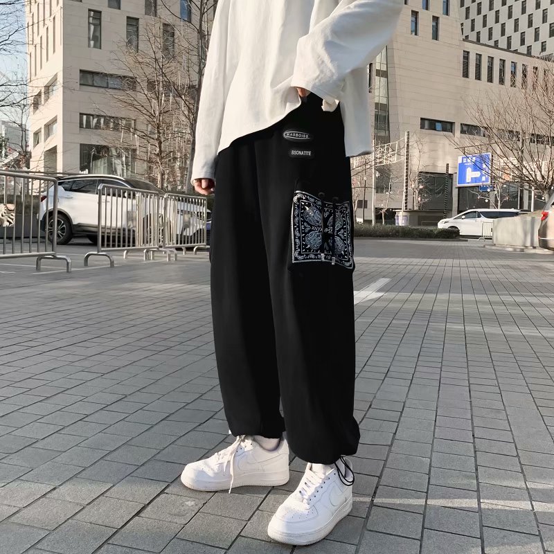 春季腰果花拼接年新款夏季哈倫束腳垂感學生直筒衛褲