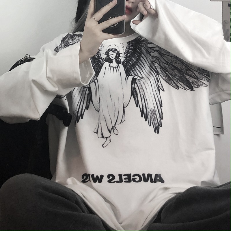 Autumn Korean ins retro original suzerain Angel letter print loose large long sleeve top
