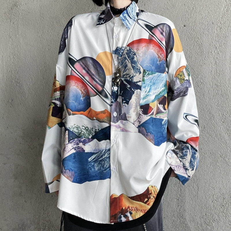 Korean fashion shirt long sleeve loose irregular pattern star full print men's and women's shirt