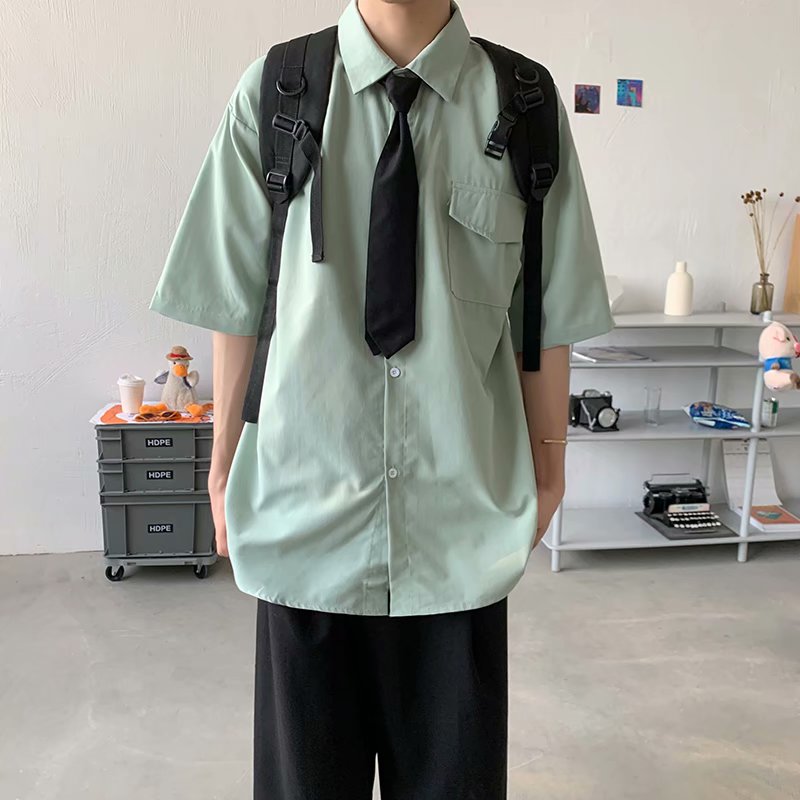 送領帶夏季帥氣寬鬆百搭工裝襯衫男短袖港風休閒襯衣