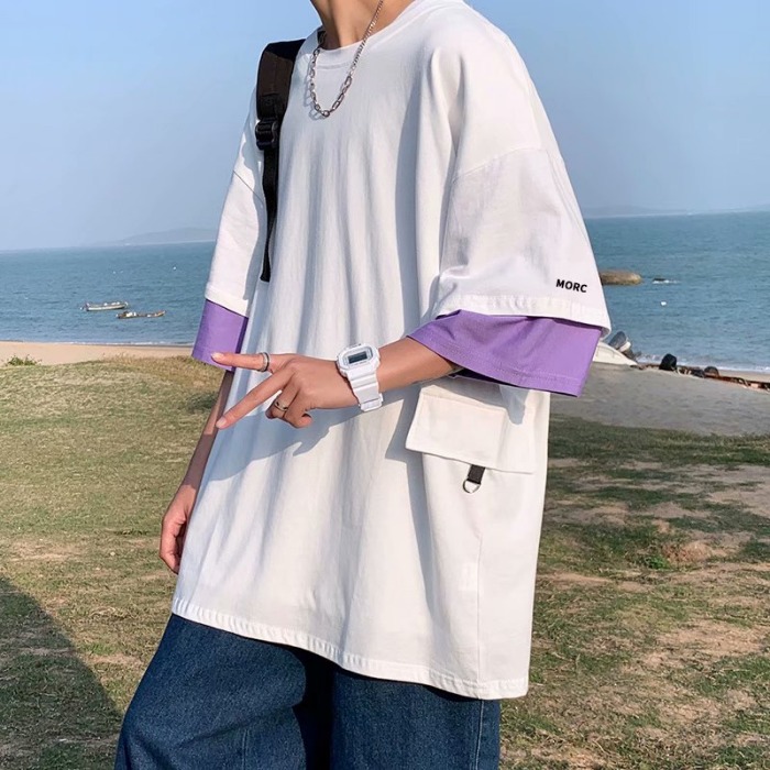 工裝短恤潮流假兩件上衣中袖日系半袖夏季新款