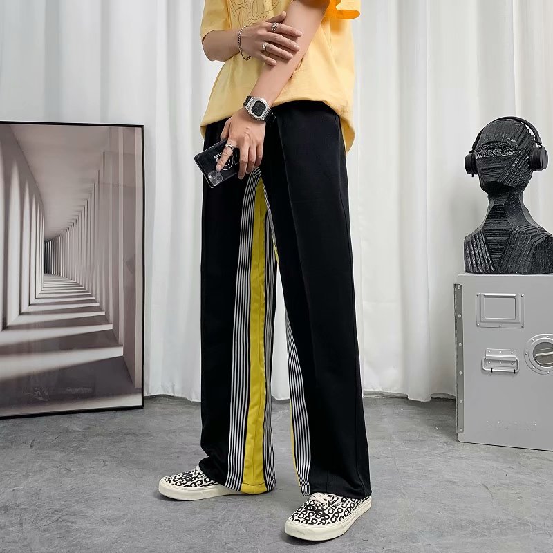 Street trend black and yellow contrast ribbon drape loose Sweatpants
