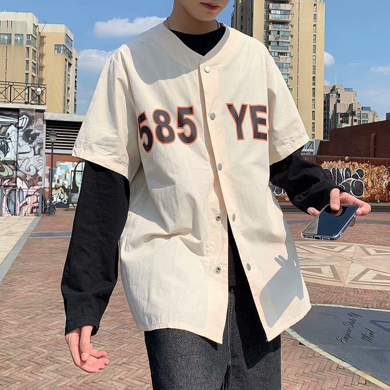 Collarless shirt men's new summer Hong Kong Style Korean fashion casual ruffian shirt loose coat