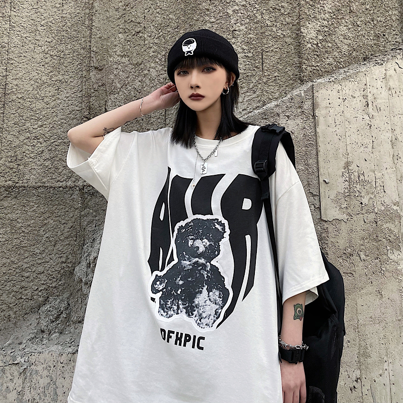 Original summer new Harajuku style retro bear print loose Casual Short Sleeve T-shirt for men and women