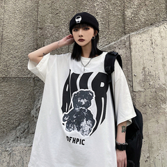 Original summer new Harajuku style retro bear print loose Casual Short Sleeve T-shirt for men and women