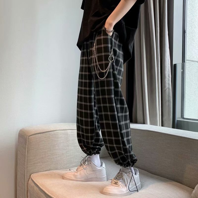 New chain checked pants men's Korean fashion loose drawstring Leggings summer thin fashion