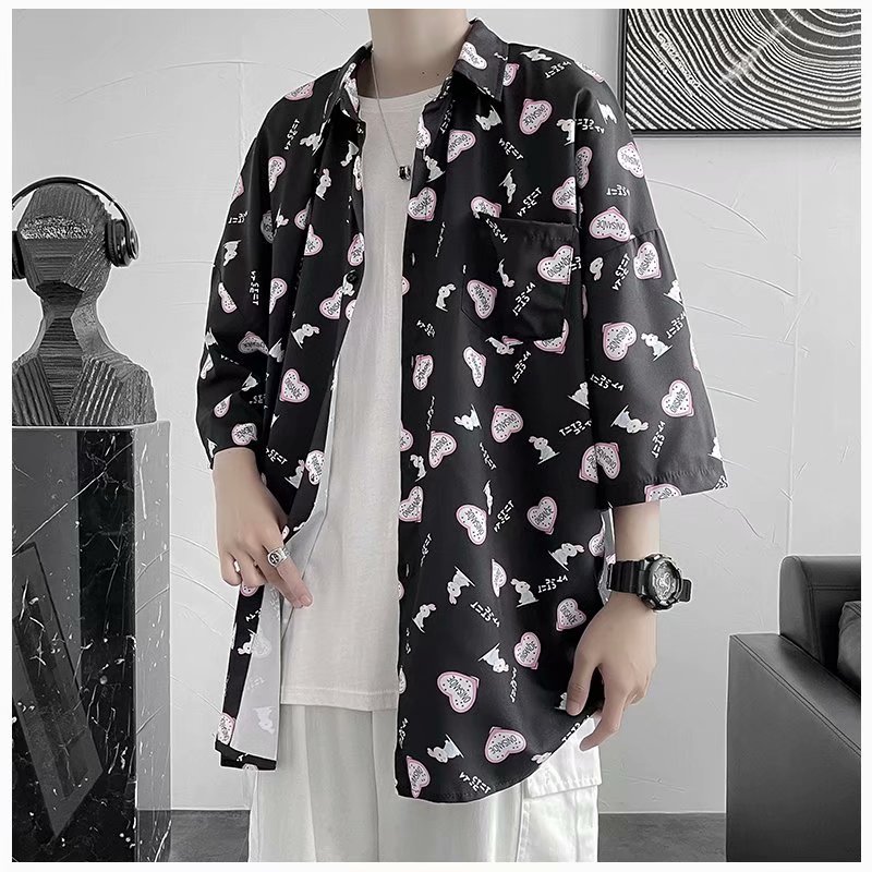 Cat and mouse short sleeve shirt men's summer Hong Kong Wind Japanese fashion brand ins PI Shuai wide pine flower shirt