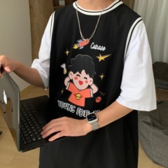 Original men's short sleeve fashion brand fashion printing fake two pieces of basketball clothes Guochao couple T-shirt