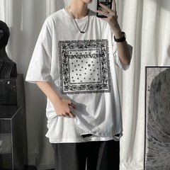 Large men's plus stretch T-shirt round neck cashew flower short sleeve top summer Hong Kong Style T-shirt