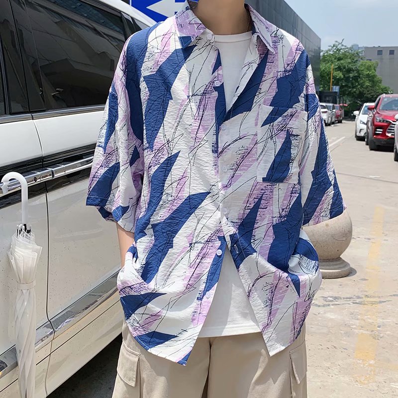 花襯衫男港風痞帥薄款七分袖襯衣休閒寬鬆夏季百搭外套潮