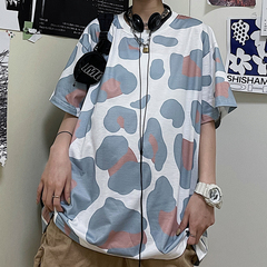 Summer retro men's and women's T-shirt short sleeve fashion cow grain Top Casual loose shoulder sleeve