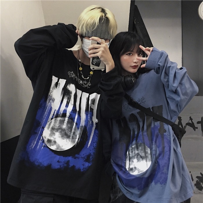 2021 Harajuku dark letter print versatile loose long sleeve T-shirt