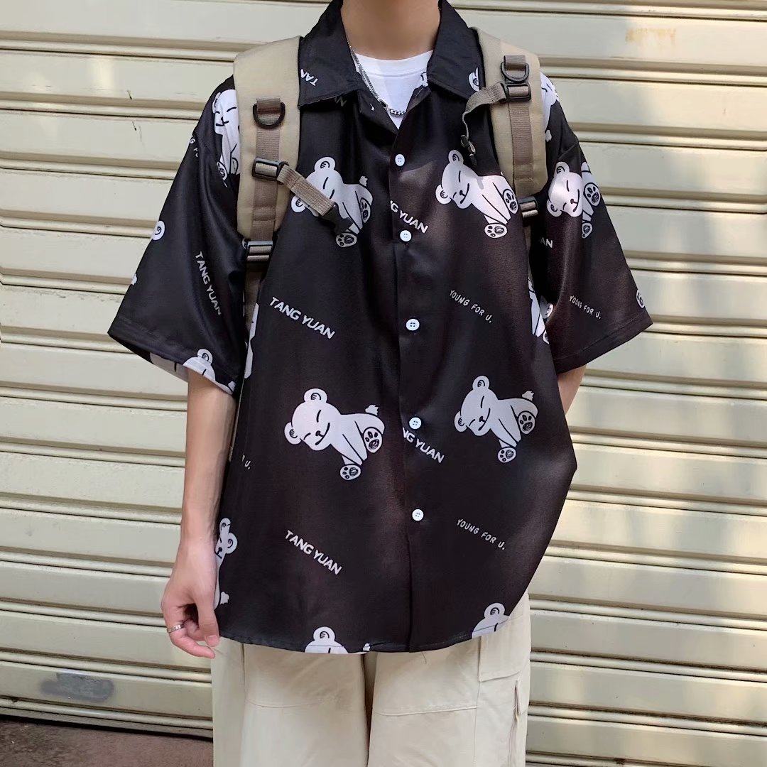 夏季ins原宿風印花短袖襯衫男韓版寬鬆潮流百搭外穿半袖