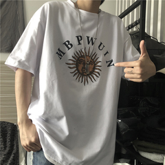 New summer and Korean retro letter dark sun print and loose T-shirt for men and women