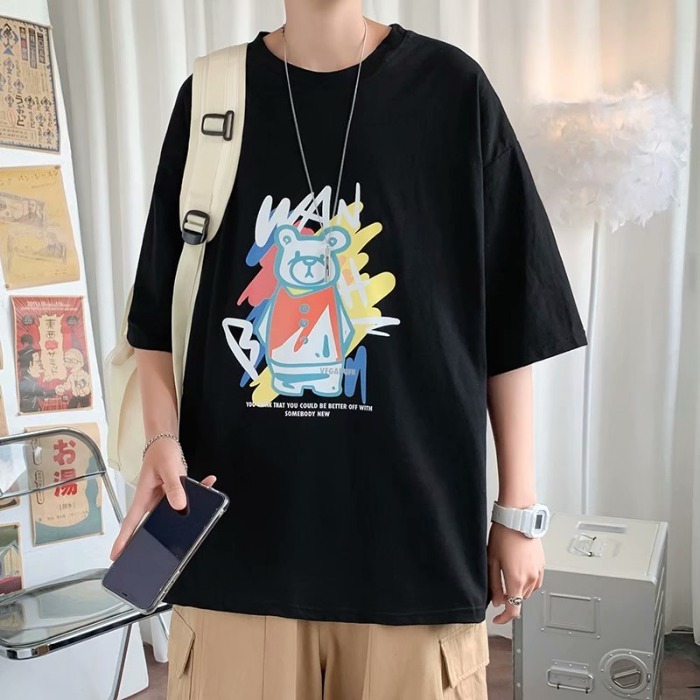 2021 new neutral letter bear print T-shirt Korean Trend loose student 5-sleeve T-shirt