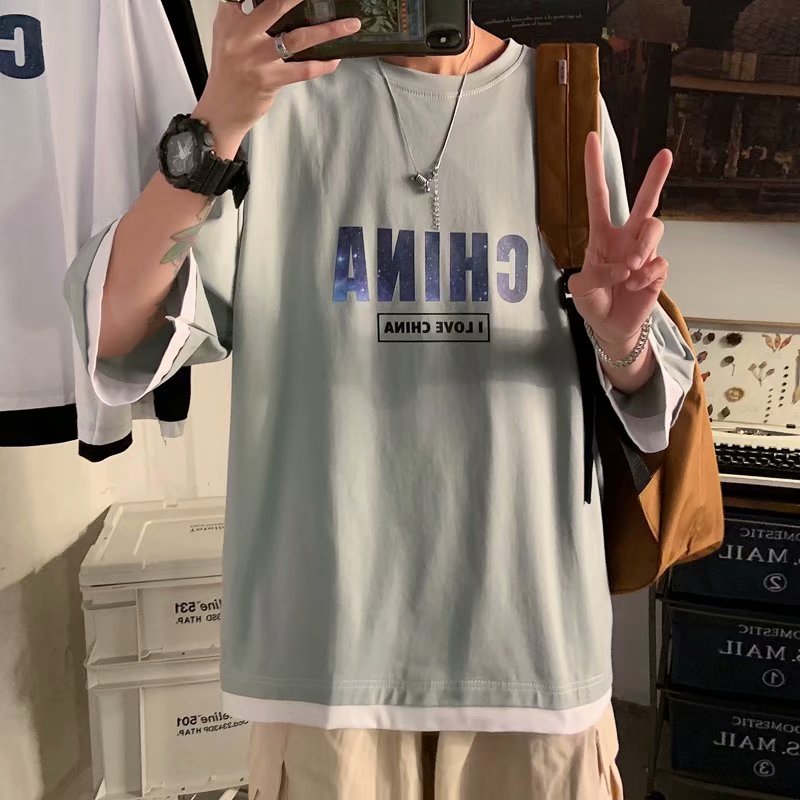 夏季新款假兩件五分袖短袖恤