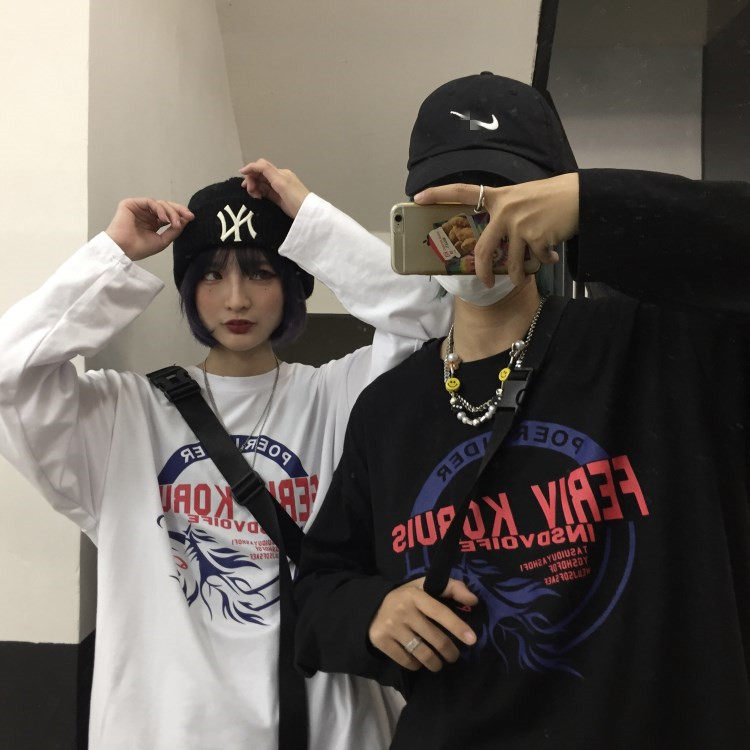 Original spring new Korean retro shark print loose and versatile long sleeve T-shirt for men and women