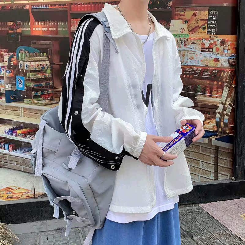 Breasted sunscreen coat men's Hong Kong style trend versatile casual stand collar ultra thin breathable zipper top