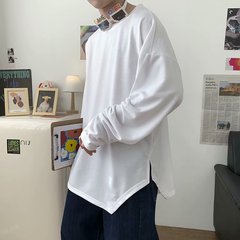 Spring new base T-shirt round neck split t-shirt men's lovers loose solid color T-shirt