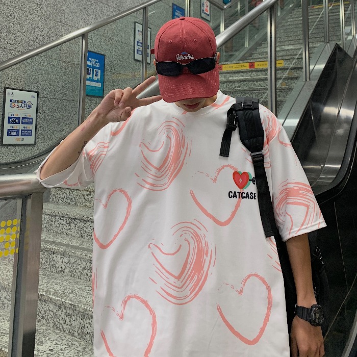 韓版短袖t恤男寬鬆潮流五分袖夏季港風情侶裝滿印愛心