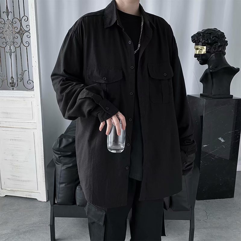 Solid shirt men's Hong Kong Style New Year Spring casual long sleeve loose Fashion Square Collar