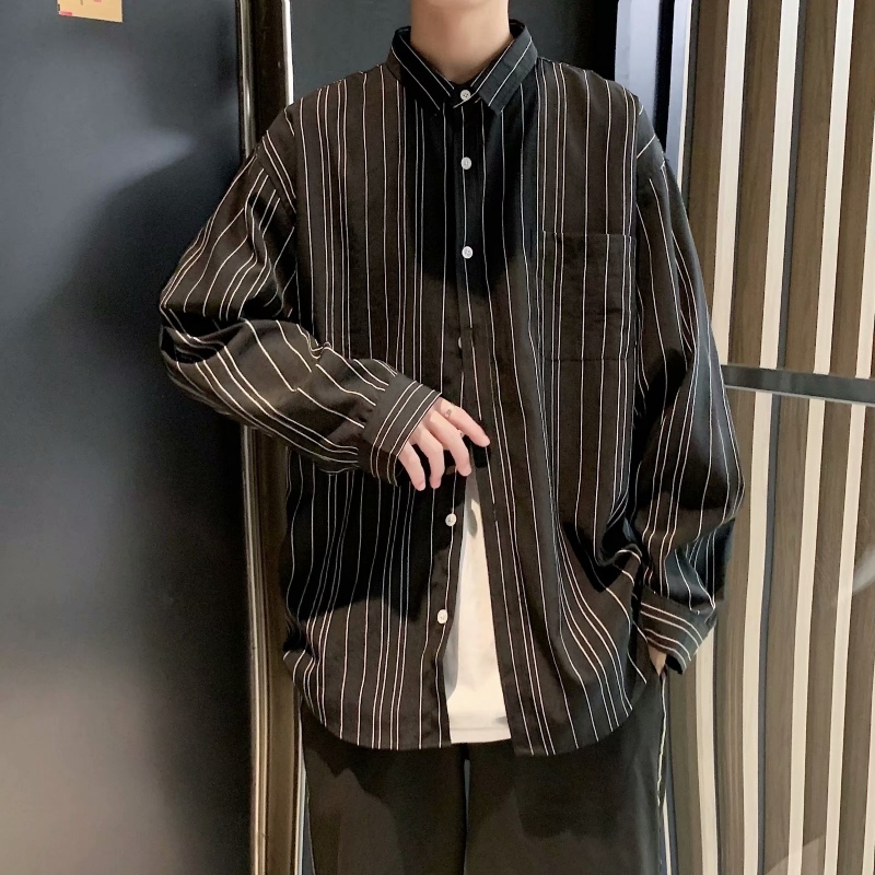 Striped shirt men's Hong Kong Style Long Sleeve ruffian handsome inch shirt coat Korean fashion net red shirt